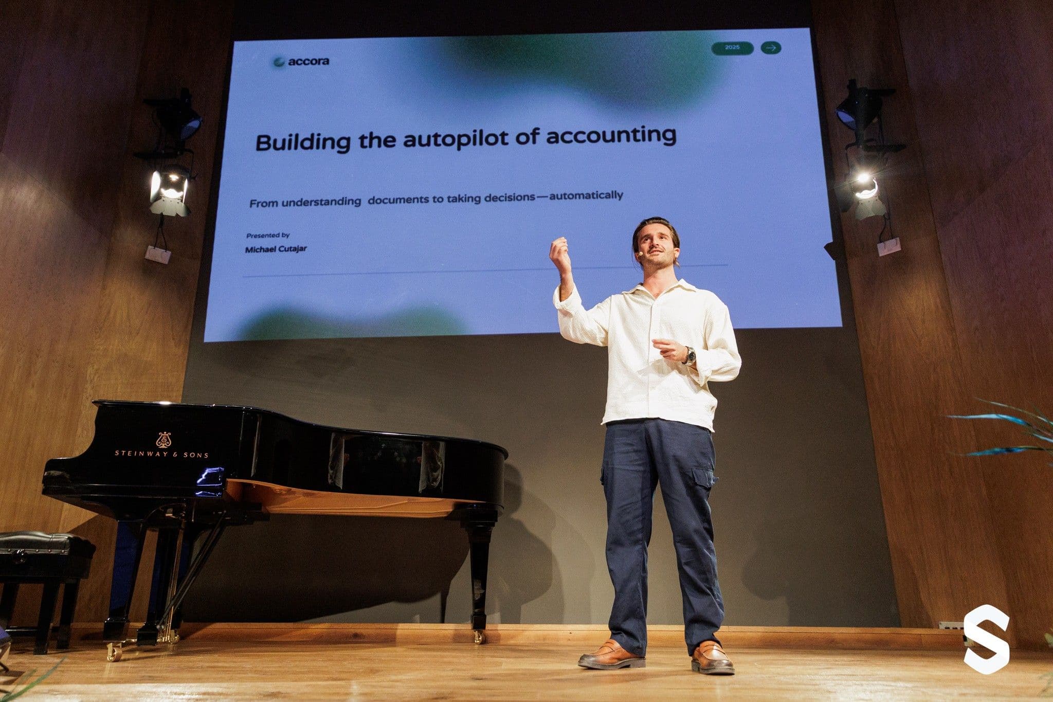 Michael Cutajar presenting Accora at Supercharger Ventures Demo Day